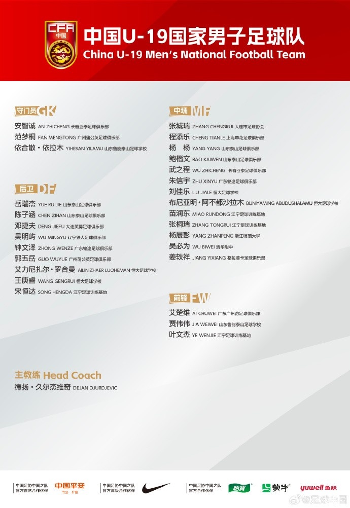 九游娱乐入口-U19国足集训名单：姜轶祥在列，泰山+泰山足校6人、恒大足校4人